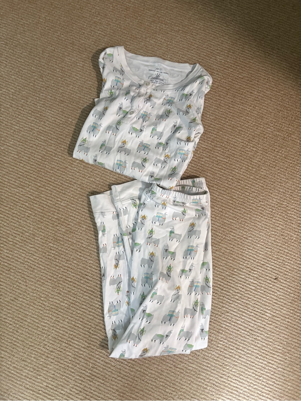 Roller Rabbit size 12 White Kids Pajama Set with Llama Print